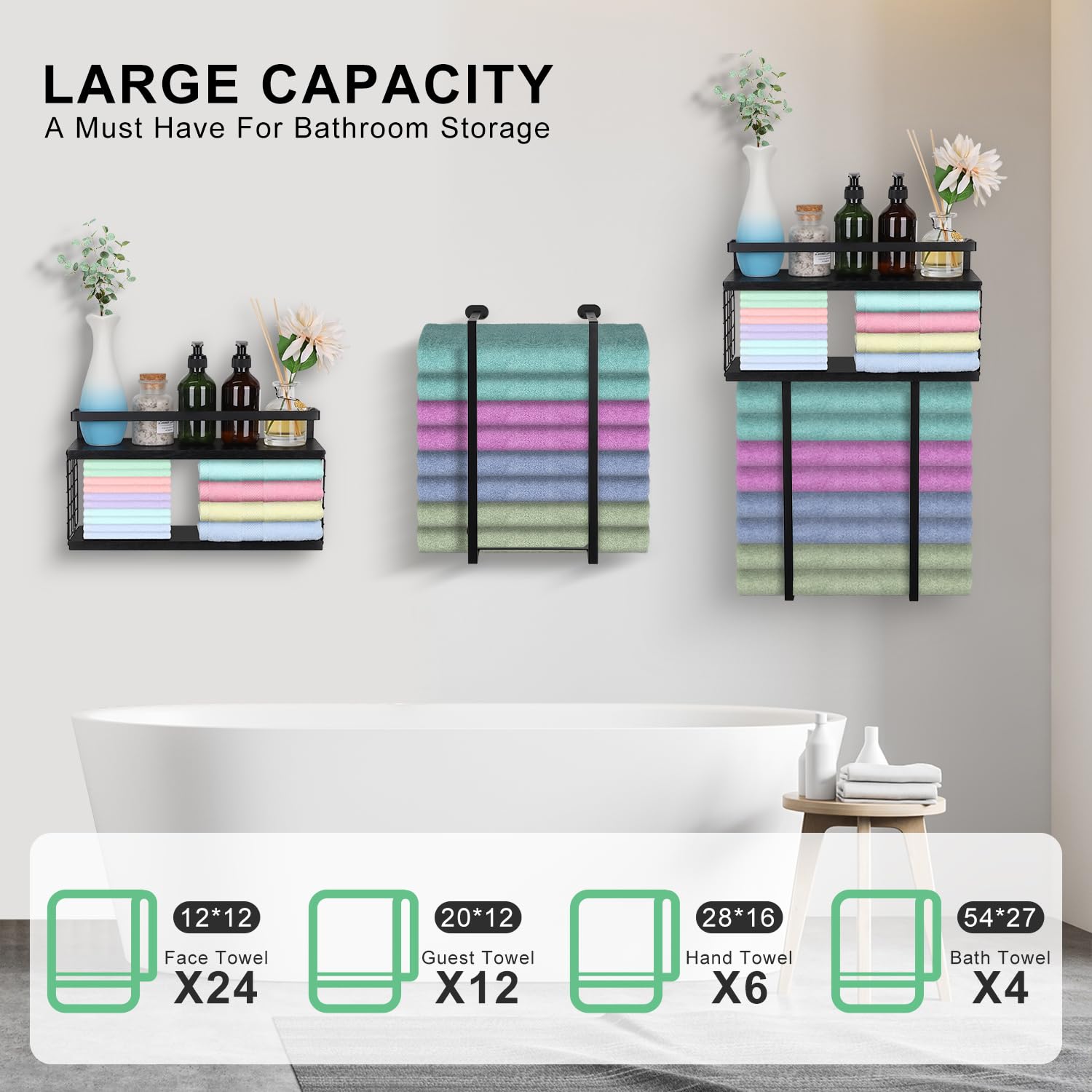 HOTEC Wall-Mounted Towel Rack for Bathroom with Large Capacity Shelf Space Saving Towel Holder for Bathroom Storage, for Small Bathrooms, Apartments, RVs Durable and Stylish Metal and Wood Design