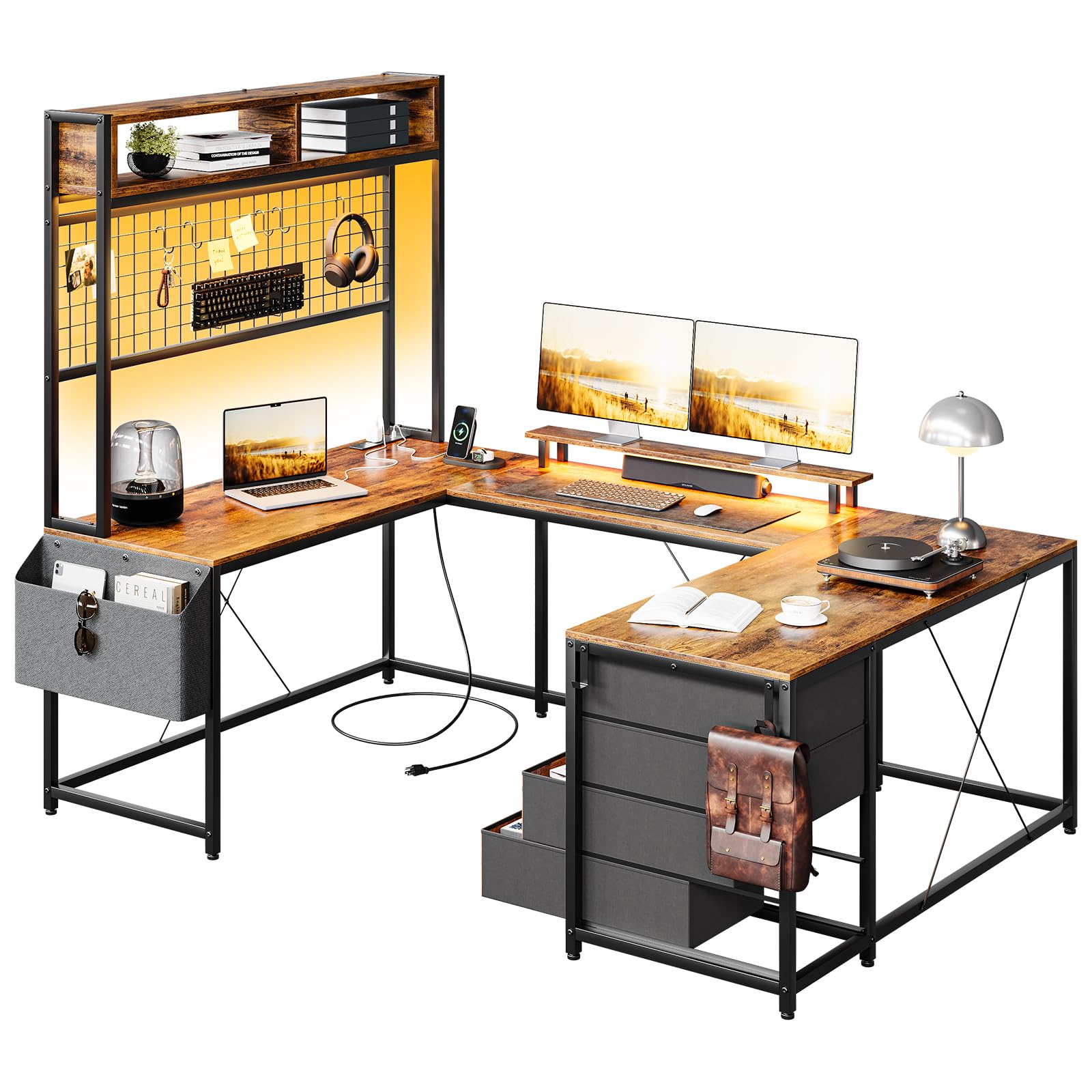 U Shaped Desk with Monitor Stand and LED Lights, U Shaped Gaming Desk with Storage Shelves, Large Computer Desk with Power Outlets, Large Corner Office Desk with 4 Drawers,Rustic Brown