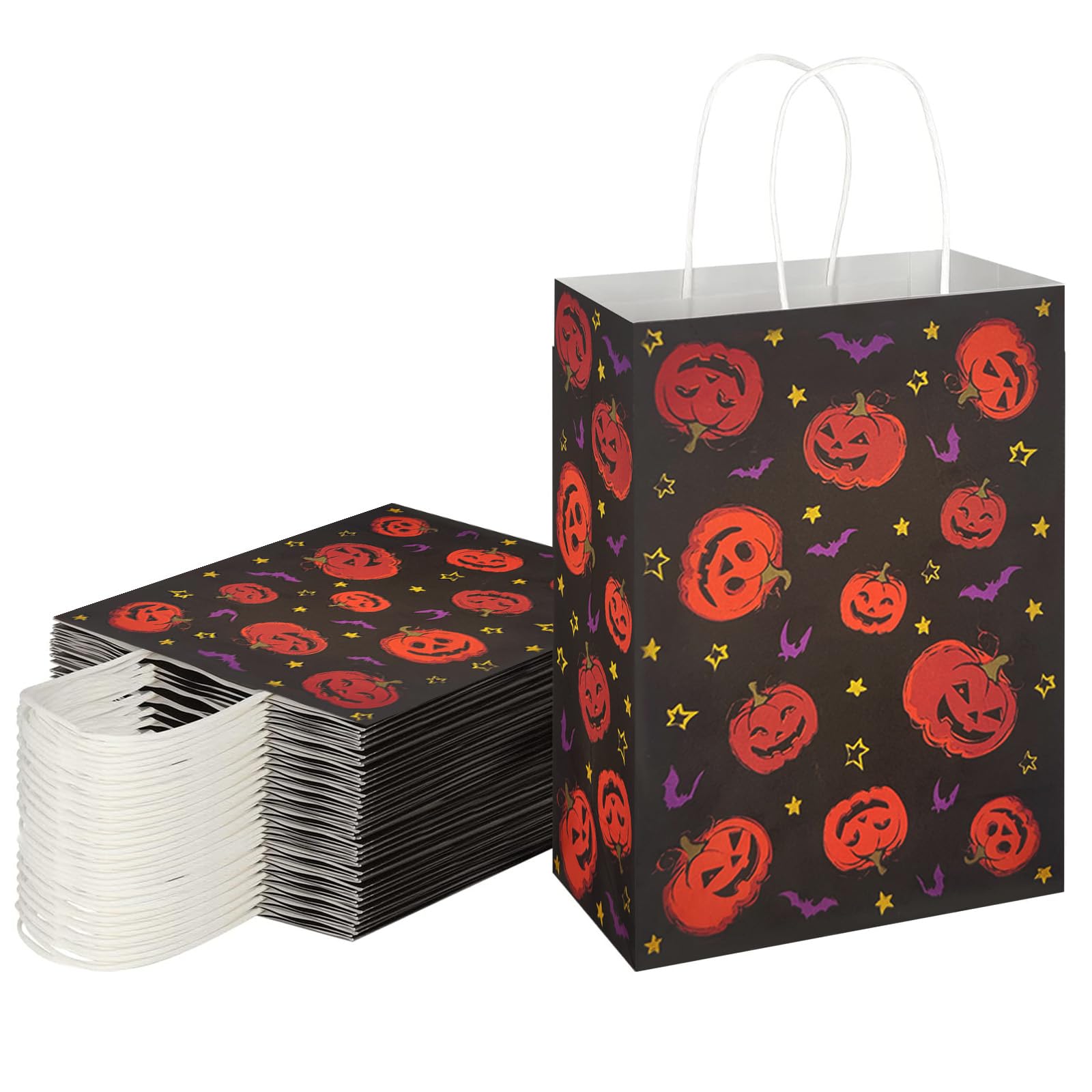 MEHOFOND 16 Pcs Halloween Paper Gifts Bags with Handles, Pumpkin Bat Halloween Treat Bags, Black Trick or Treat Candy Bags for Kids, Goodie Present Bags for Holiday, Halloween Party Supplies