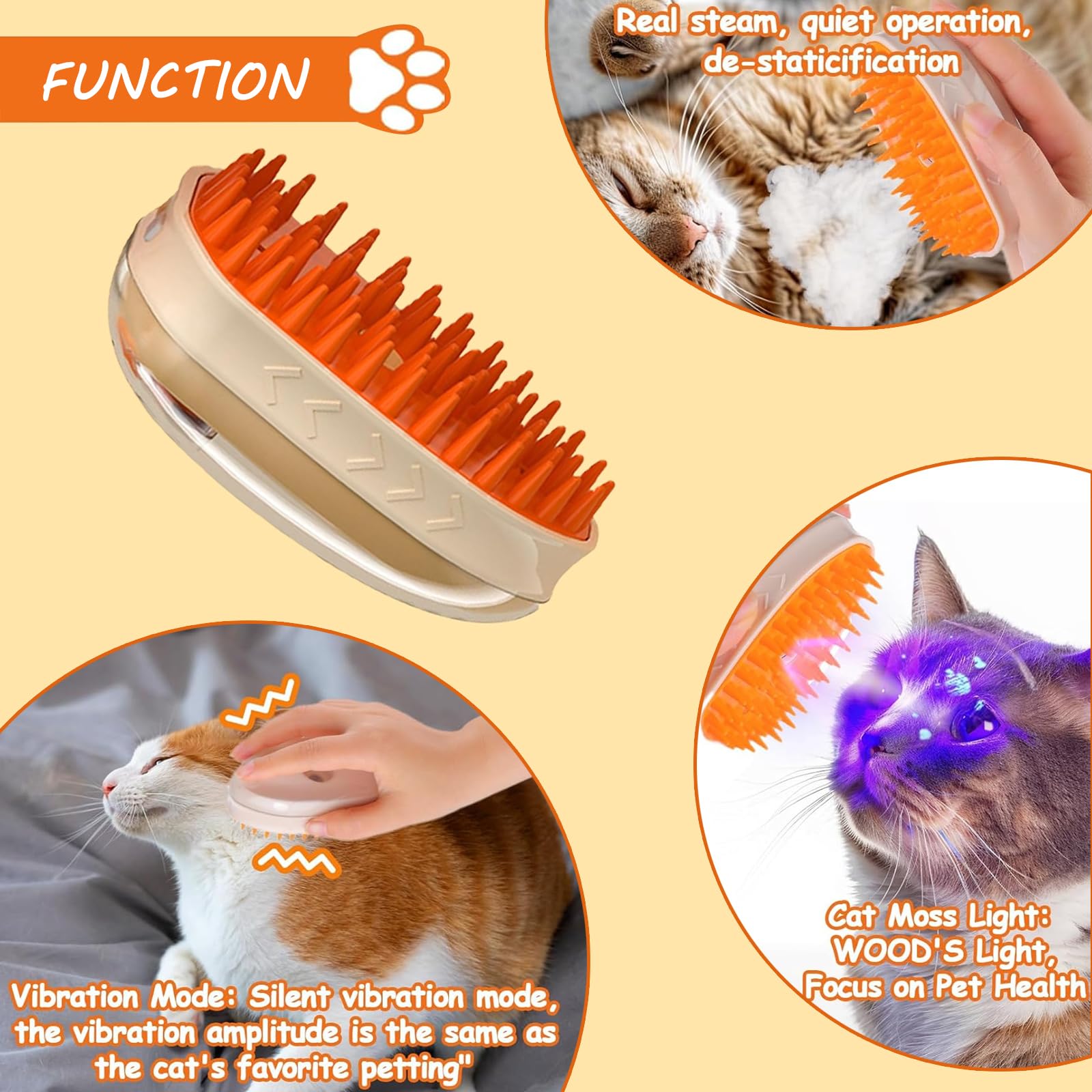 Cat Steam Brush for Shedding，3 in 1 Cat Brush with steam，Portable Pet Hair Removal Tool for Cat and Dog,Self Cleaning Steam Brush for Massage (Standard version)