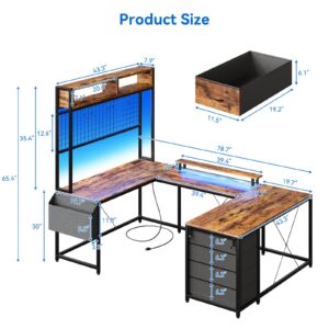 U Shaped Desk with Monitor Stand and LED Lights, U Shaped Gaming Desk with Storage Shelves, Large Computer Desk with Power Outlets, Large Corner Office Desk with 4 Drawers,Rustic Brown