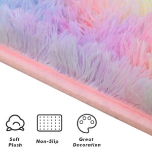 Softlife Area Rug for Bedroom, 4x6 Feet Plush Fluffy Rug for Living Room, Tie-Dyed Rainbow Shag Rug for Aesthetic Room Decor, Ultra Soft Modern Fuzzy Faux Fur Carpet for Kids Nursery Room Dorm