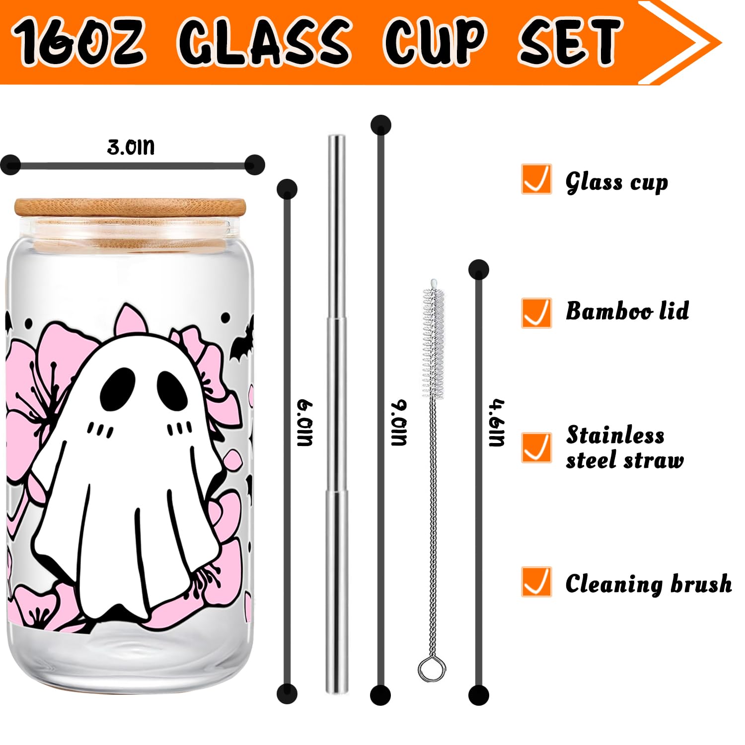 GeoJedrmin Halloween Ghost Cups - 16 oz Glass Cups with Lids and Straws, Halloween Ghost Tumblers Coffee Mugs, Halloween basket, Boo basket stuffers for her, Halloween basket for Women Teen