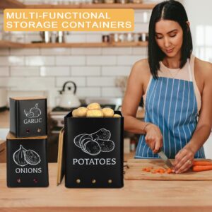 Moondust Wj 3 Pack Vegetable Storage Tins，Potatoes Storage，Metal Onion and Potato Storage Bins，Kitchen Potato and Onion Storage Bin，Onion Storage Containers with Aerating Holes and Wooden Lid.