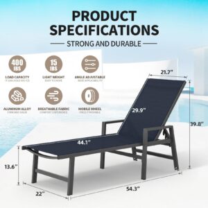 WOAJUQO Aluminum Chaise Lounge Chair Outdoor Set of 2-Patio Lounge Chair with Wheels and 5-Position Adjustable Backrest and Outdoor Recliner Full Flat Tanning Chair for Beach,Patio,Lawn,Pool,Navy Blue