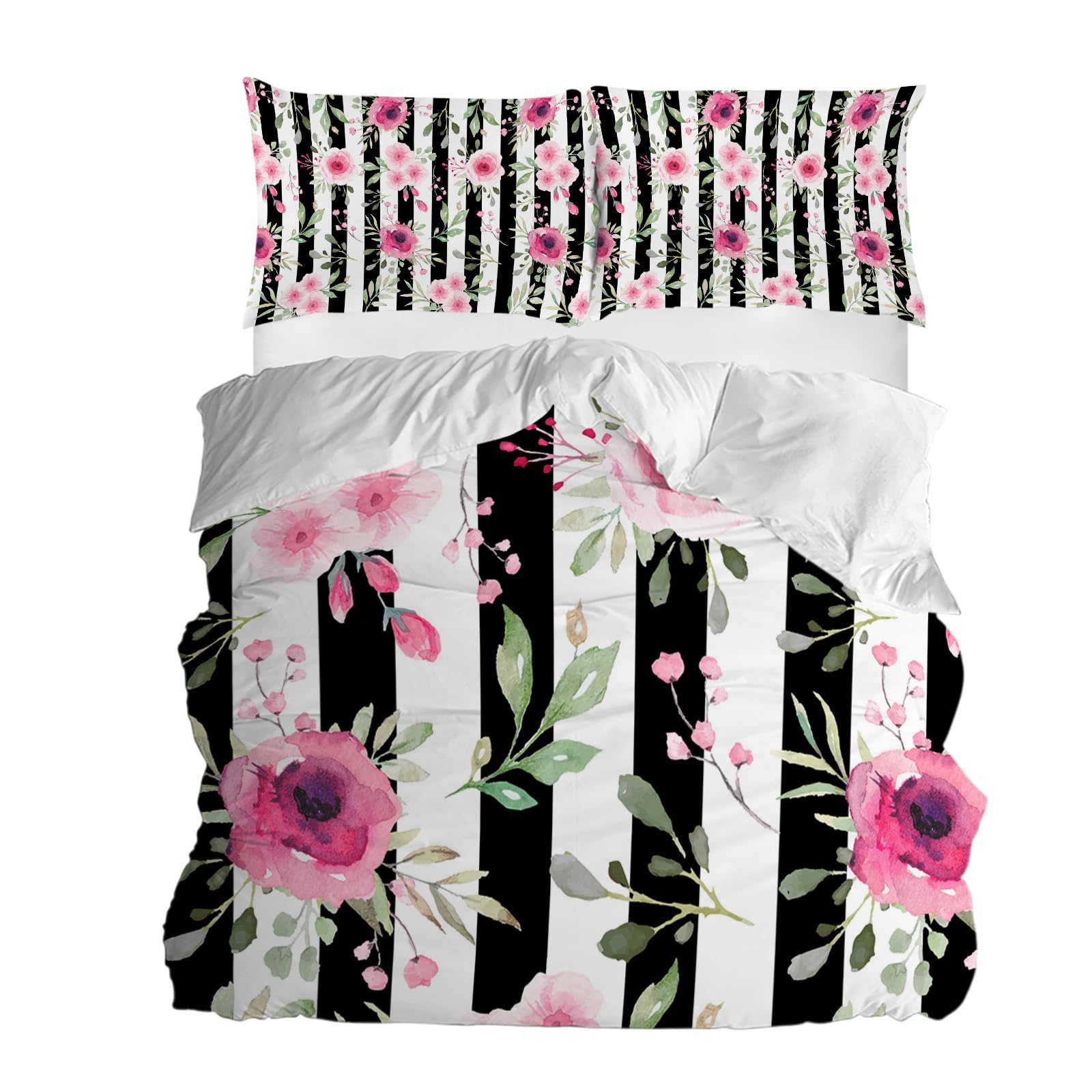 Pink Flowers Illustration Duvet Cover Sets Black and White Stripe Bedding Sets 3 Pcs Comforter Covet Set Including 1 Quilt Cover 2 Pillow Cases, California King Comforter Cover Set with Zipper Closure