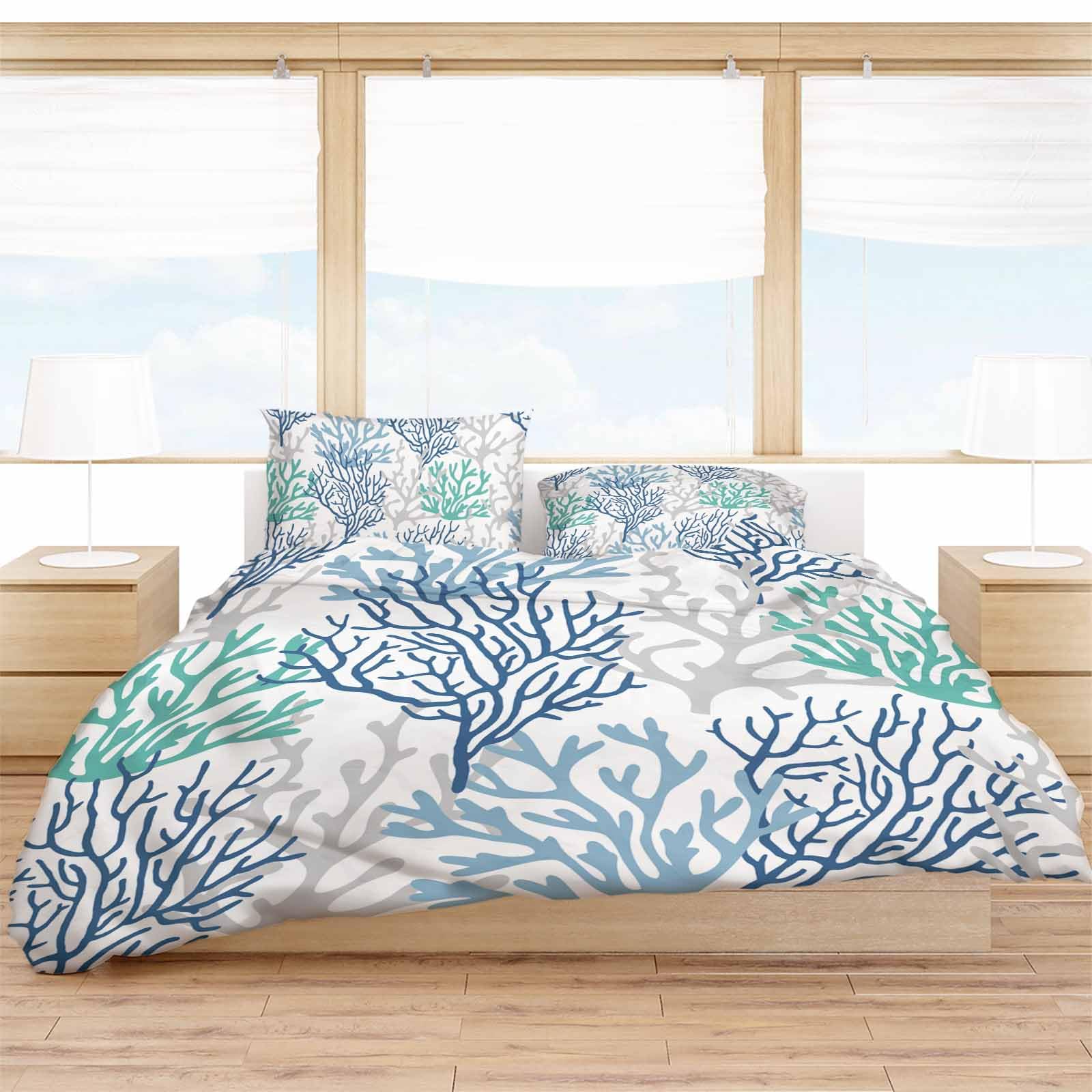 DecorLovee California King Duvet Cover Set - Blue Teal Grey Coral Coastal 4 Pcs Comforter Cover Bedding Sets, Summer Beach Nautical Ocean Microfiber Bed Sheet Soft Quilt Cover with 2 Pillow Shams