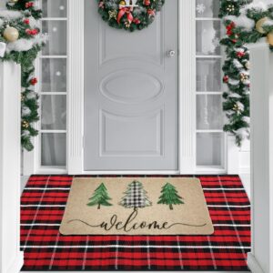 fuweave 2 pcs christmas doormats with outdoor rug christmas door mat combo set 100% coir welcome mat and 27.5"x 43" buffalo plaid layering rug for xmas holiday christmas outdoor front porch decor