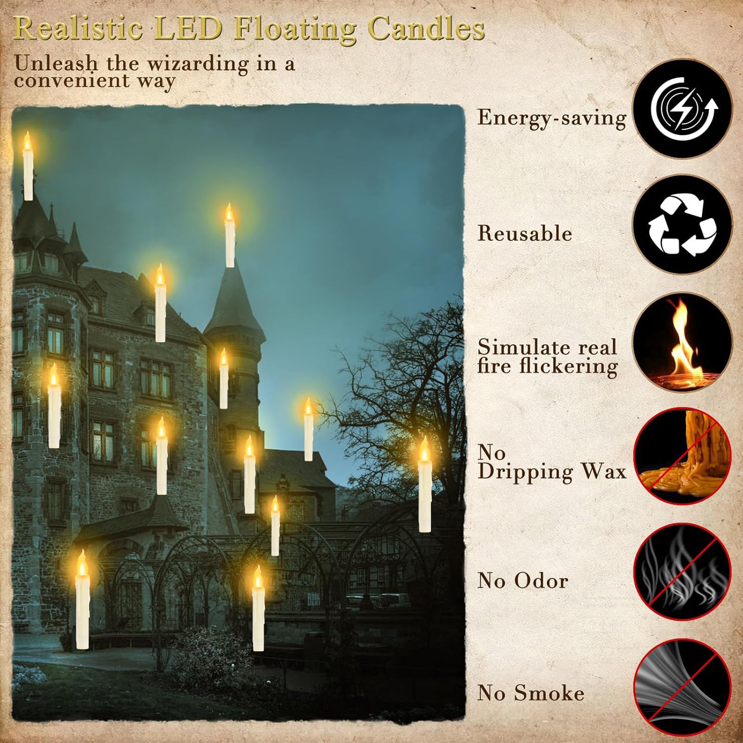 Eseven Halloween Decorations,12 PCs Magical Floating Candles with Wands Remote, Flickering Warm Light Flameless Floating LED Candle for Christmas Birthday Theme Party