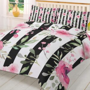 Pink Flowers Illustration Duvet Cover Sets Black and White Stripe Bedding Sets 3 Pcs Comforter Covet Set Including 1 Quilt Cover 2 Pillow Cases, California King Comforter Cover Set with Zipper Closure