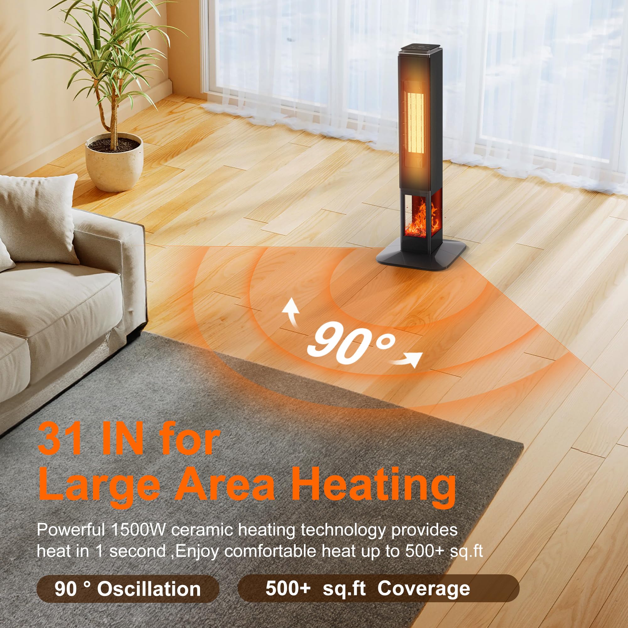 SUNGDOGIN Space Heater Indoor Use for Large Room,1500W Tower Heater W/Thermostat,32" Heater Bedroom,Room Heaters for Indoor Use W/Remote,Ceramic Heaters for Indoor Use W/ 90° Oscillating 24H Timer