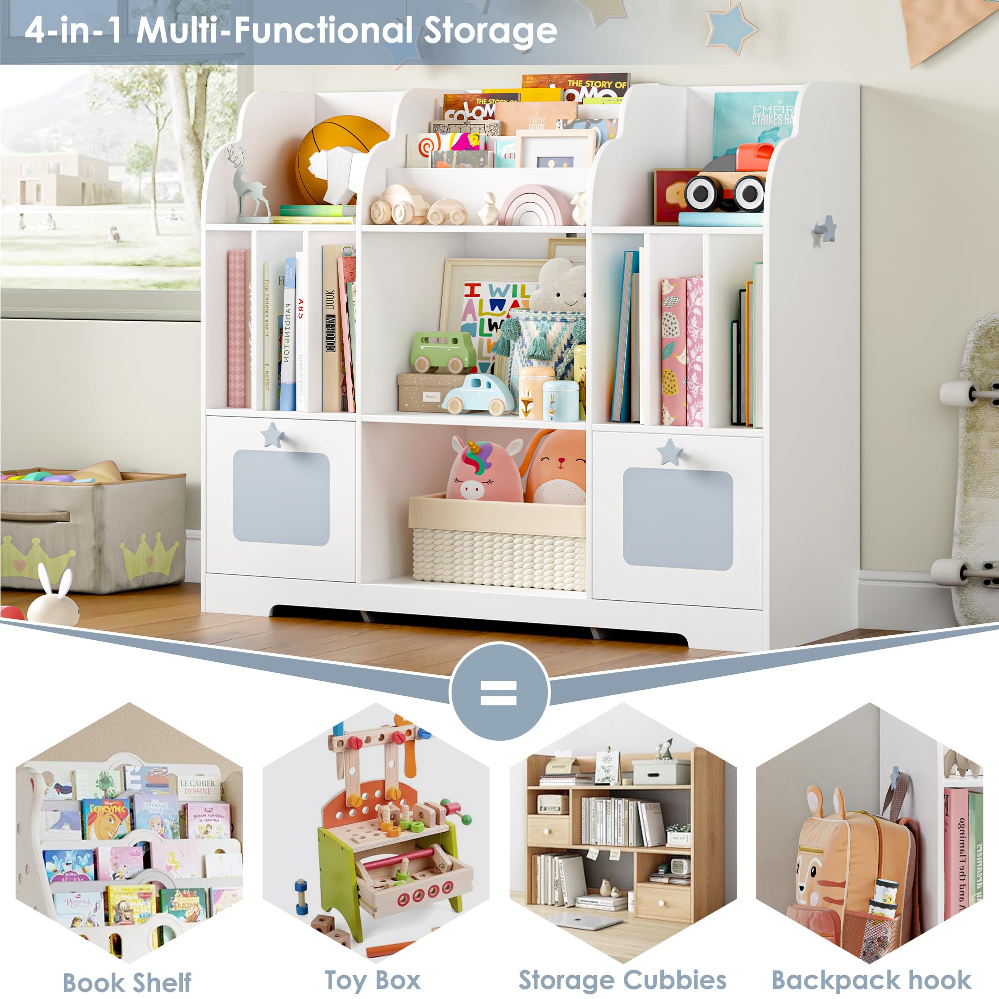 FOTOSOK Toy Storage Organizer, 46'' Toy Shelf, Bookshelf with White and Blue Bookcase & 2 Storage Cubbies Toy Box, Toy Storage Cabinet for Playroom, Bedroom, Classroom, Library