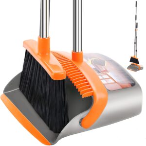 upgraded broom and dustpan set, upright broom and dustpan combo with 51" long handle, dustpan teeth with self-cleaning function, indoor and outdoor sweeping, perfect for home office (gray & orange)