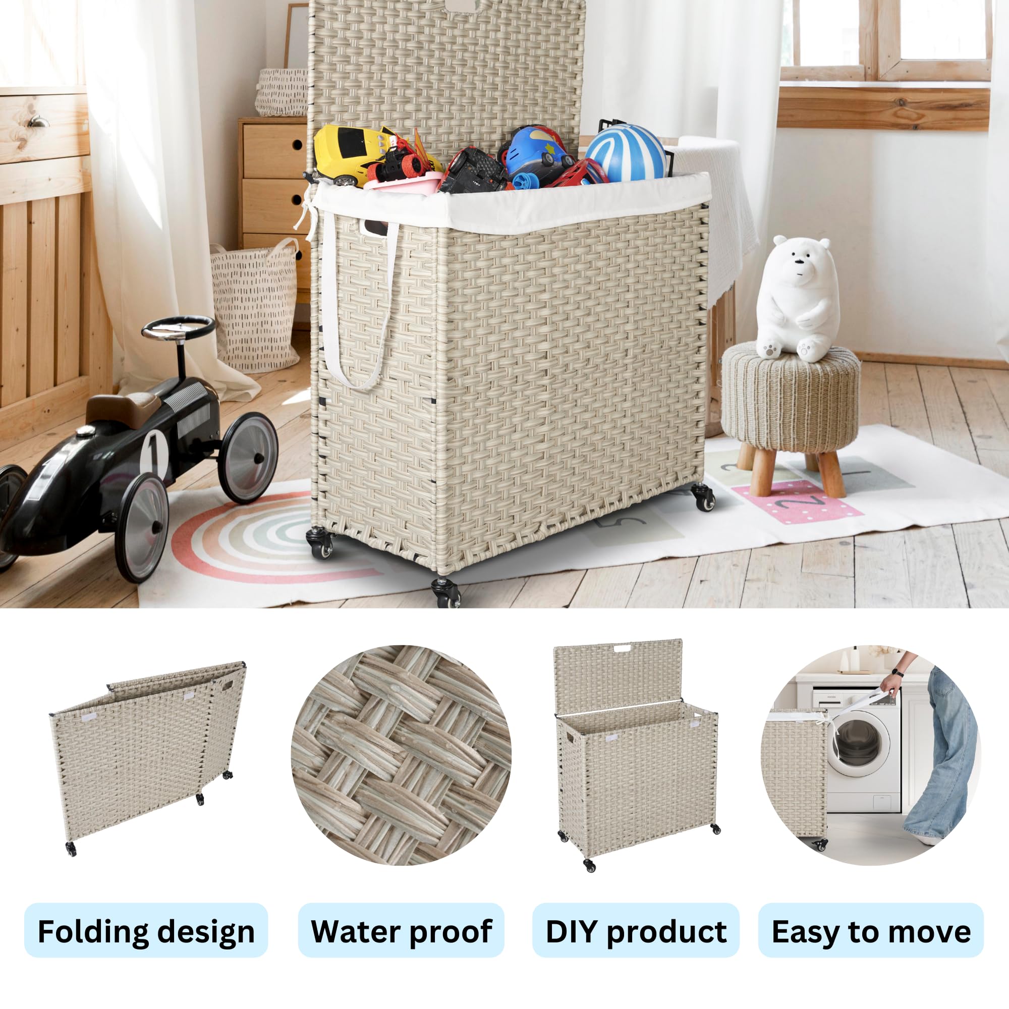 Knocbel Laundry Hamper with Lid and 2 Liners, PE Rattan Frame Clothes Hampers with 2 Removable Bags, Laundry Sorter with Side Handle and 4 Wheels, Gray 160L/42.26Gal