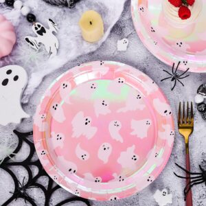 JarThenaAMCS 40Pcs Halloween Paper Plates Pink Ghost Foil Holographic Disposable Round Plates 9 Inch Cute Cartoon Iridescent Decorative Tableware for Birthday Baby Shower Party Decor Supplies