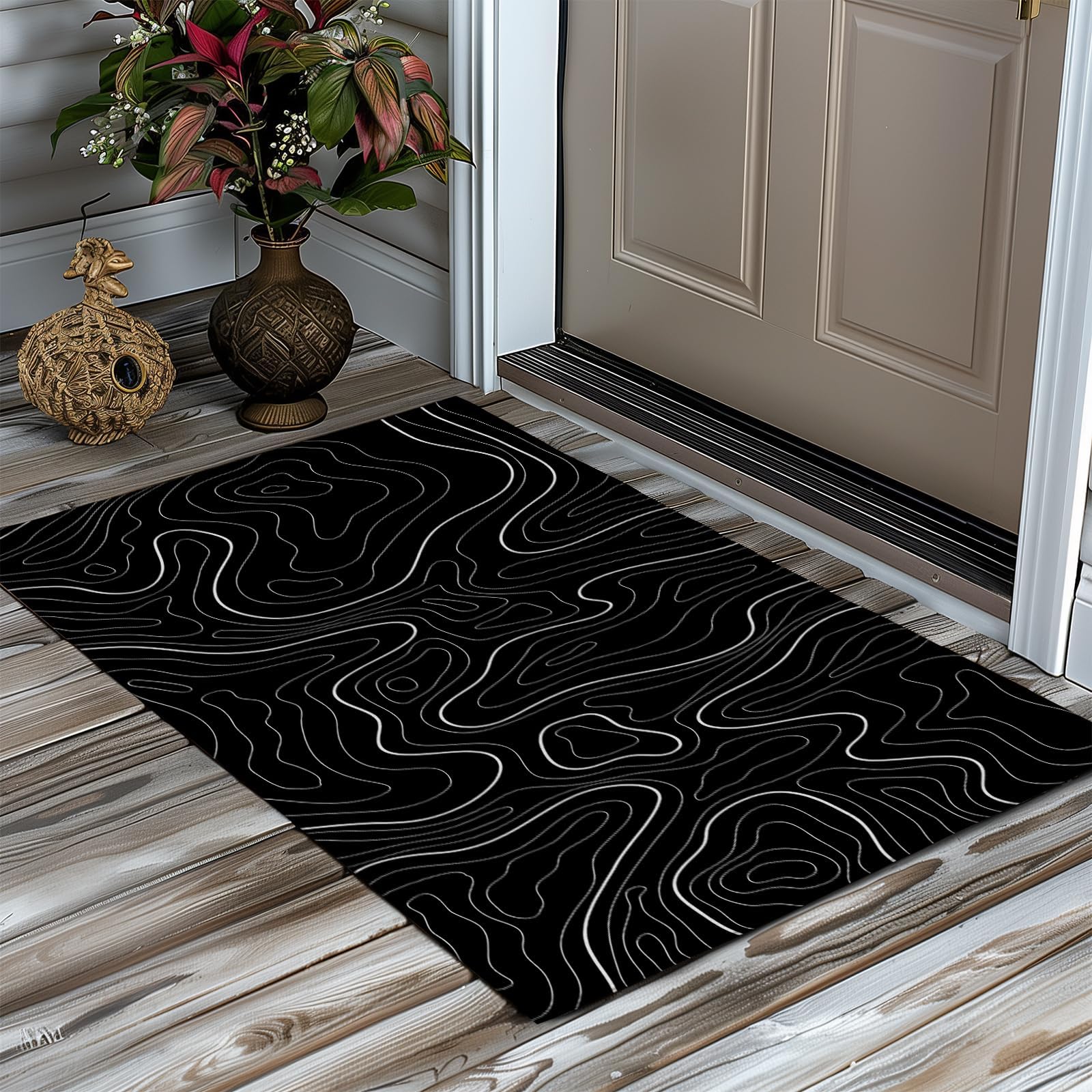 Entryway Rugs Black Topographic Map Non-Slip Washable Indoor Door Mat 2x3 Faux Wool Non-Slip Washable Low-Pile Floor Carpet for Indoor Front Entrance Kitchen Bathroom