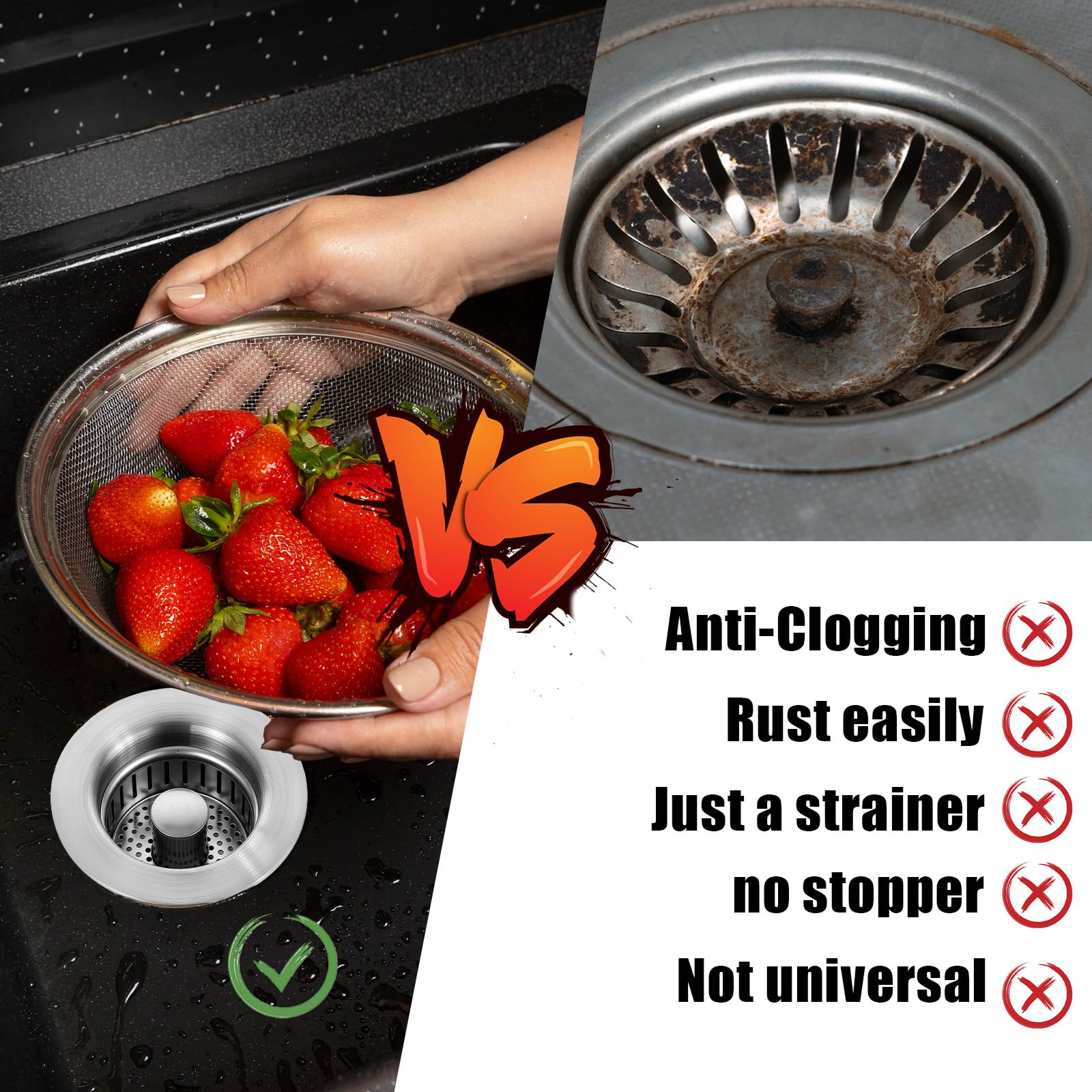 Drain Stopper Kitchen Sink Drain Strainer 3 in 1 Pop up Sink Stopper Stainless Steel Strainers for Kitchen Anti-Clogging and Fast Drainage Sink Stoppers for US Standard 3-1/2 Inch Kitchen Drain