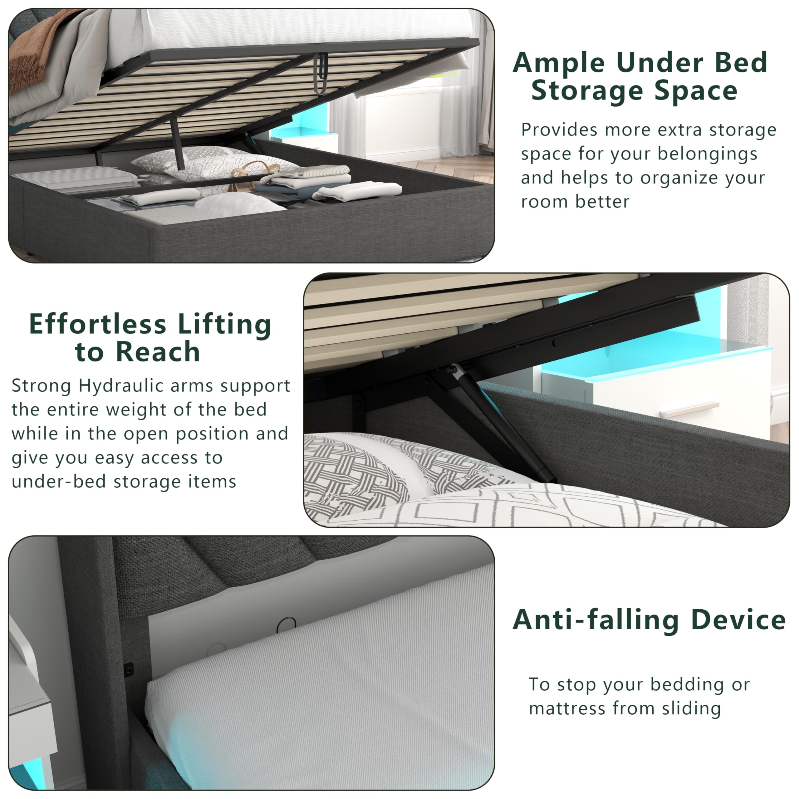 Loomie Queen Lift Up Bed Frame with Charging Station & LED Lights, Upholstered Bed with Modern Wingback Storage Headboard, Hydraulic Storage, No Box Spring Needed, Wood Slats Support, Dark Grey