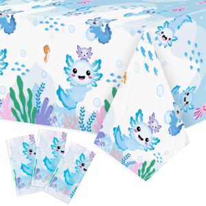 bkeecten 3 packs blue cartoon axolotl party table cover, reptile animals waterproof disposable tablecover, plastic rectangle tablecloth for kids axolotl birthday baby shower party supplies, 86x51 inch