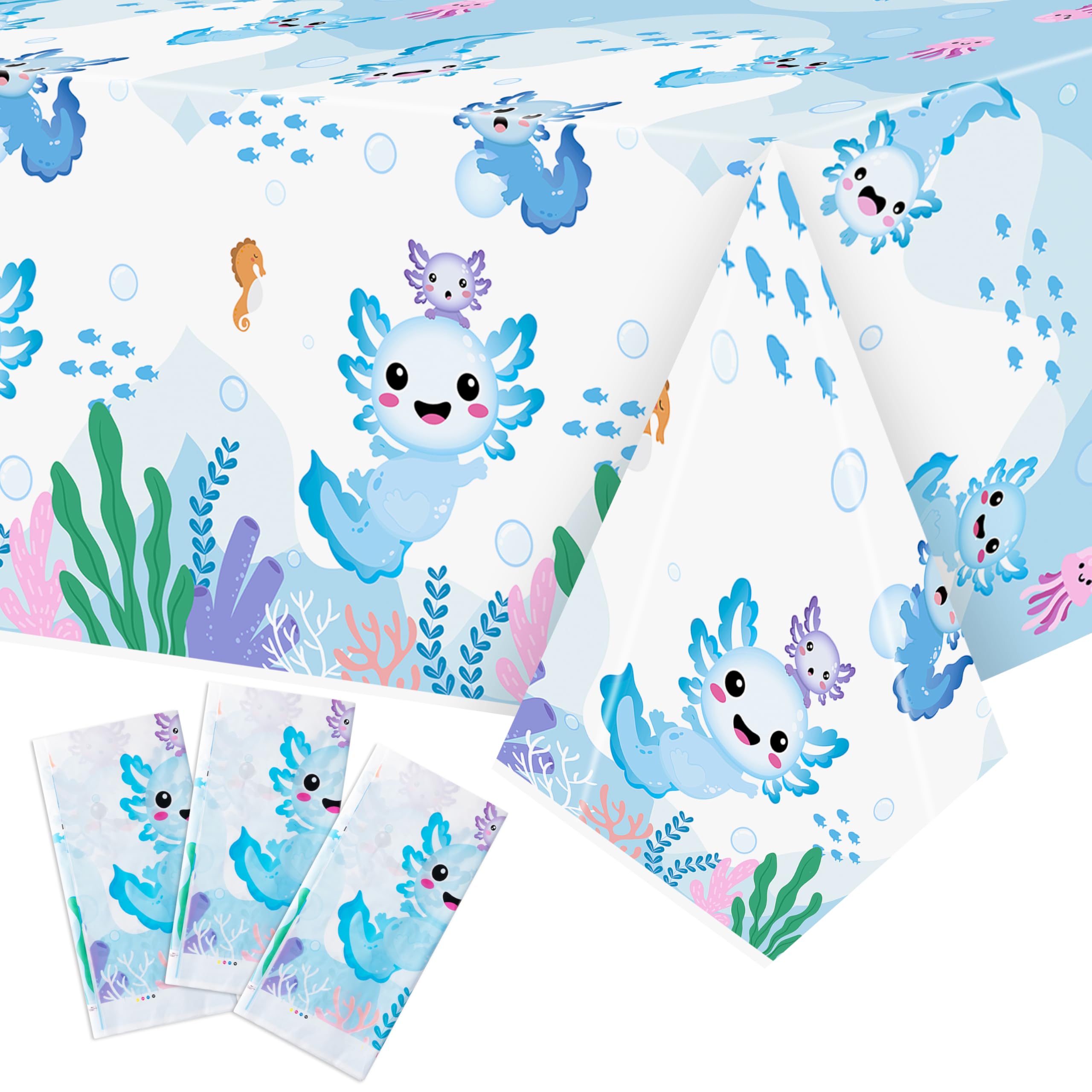 BkeeCten 3 Packs Blue Cartoon Axolotl Party Table Cover, Reptile Animals Waterproof Disposable Tablecover, Plastic Rectangle Tablecloth for Kids Axolotl Birthday Baby Shower Party Supplies, 86x51 inch