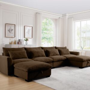 GoDoco Wide Body Modular Corduroy Sectional Sofa Set, U-Shape and L-Shape Deep Seating Couch with Storage Ottomans and Waist Pillows (Brown, 4-Seater + 2 * Ottoman)