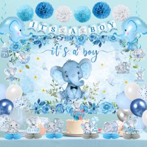 Vlipoeasn Elephant Baby Shower Decorations for Boy, Blue 42PCS Baby Shower Supplies, Mommy to Be Sash, It's a Boy Backdrop, Cake Topper, Cute Honeycomb, Hanging Swirl Flag, Baby Boy Shower Decor