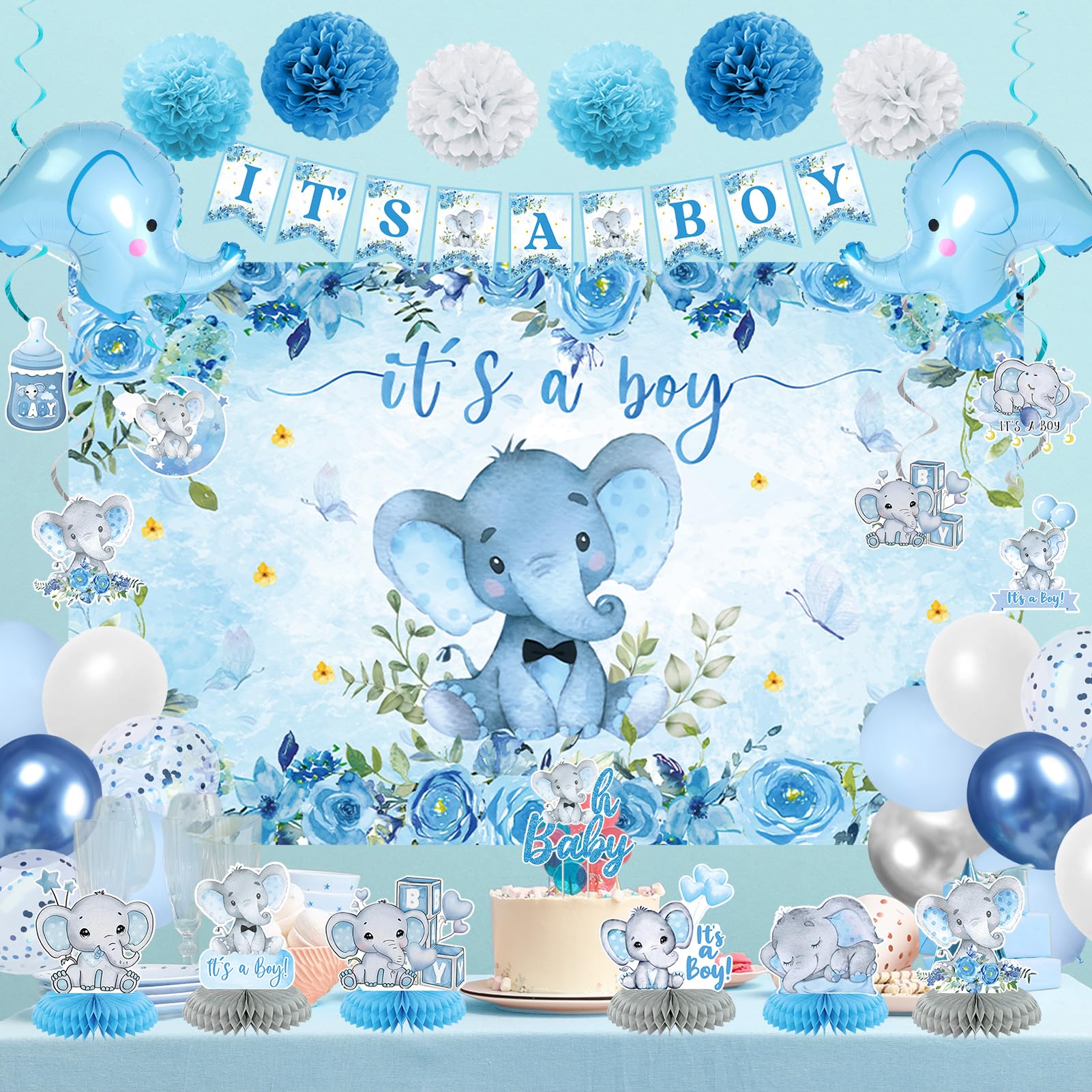 Vlipoeasn Elephant Baby Shower Decorations for Boy, Blue 42PCS Baby Shower Supplies, Mommy to Be Sash, It's a Boy Backdrop, Cake Topper, Cute Honeycomb, Hanging Swirl Flag, Baby Boy Shower Decor