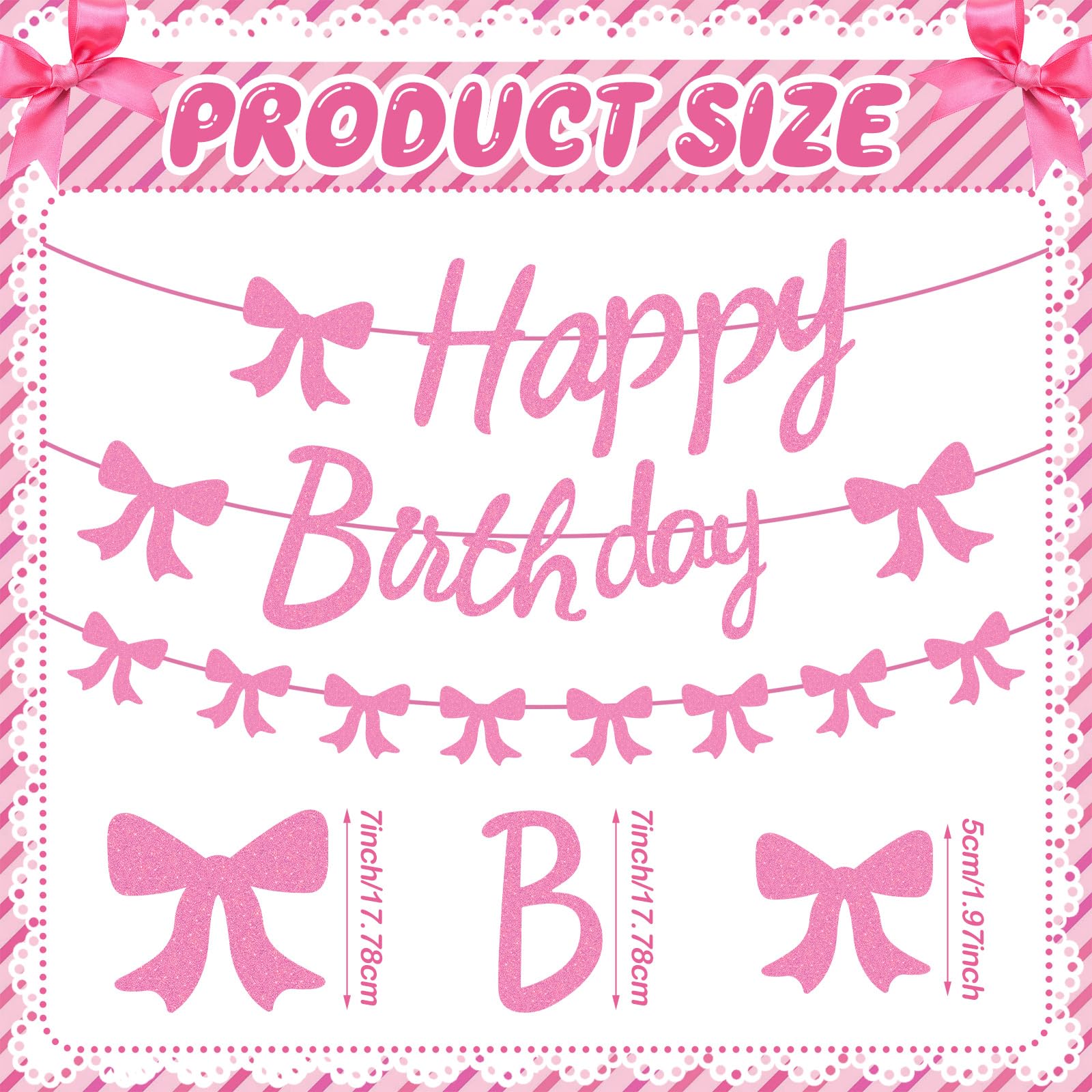 TaoBary Pink Bow Happy Birthday Decorations Glitter Pre Strung Coquette Birthday Banner Party Decorations Girl Cute Themed Birthday Party Decors for Bridal Shower Wedding Coquette Party Decor Supplies