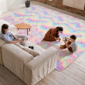 Softlife Area Rug for Bedroom, 4x6 Feet Plush Fluffy Rug for Living Room, Tie-Dyed Rainbow Shag Rug for Aesthetic Room Decor, Ultra Soft Modern Fuzzy Faux Fur Carpet for Kids Nursery Room Dorm