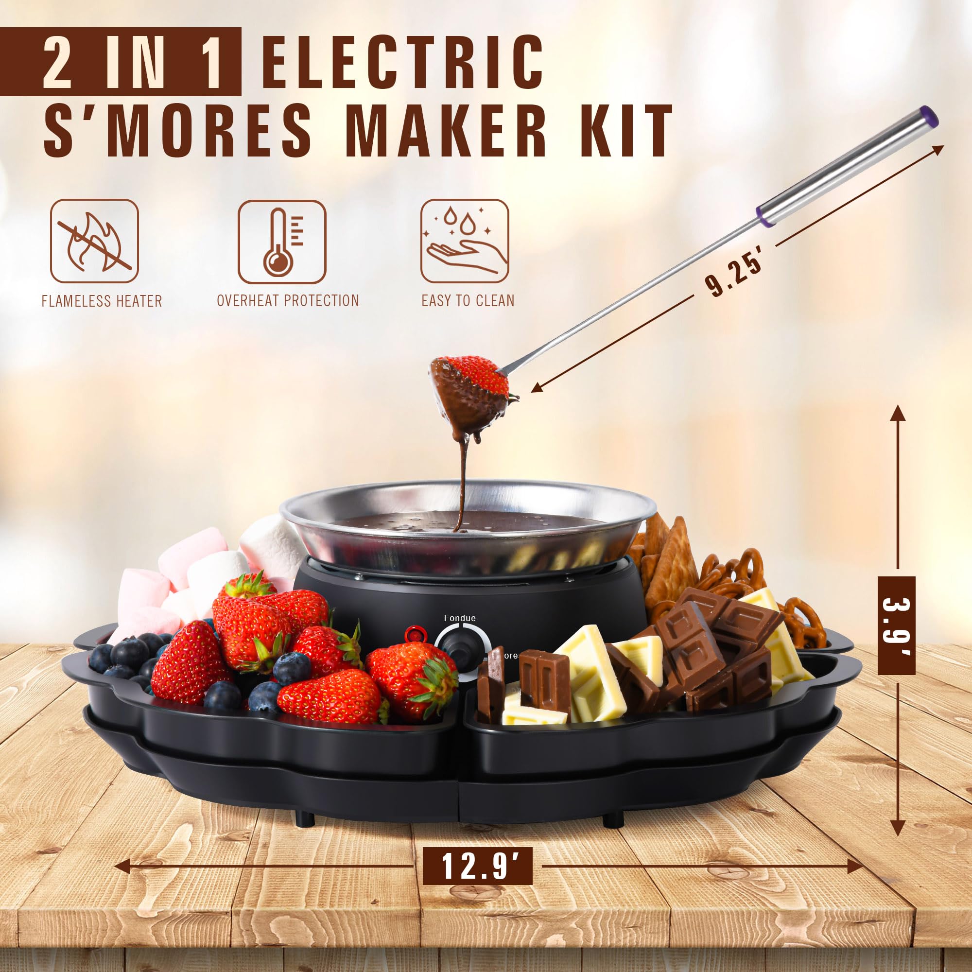 2 In 1 Smores Maker & Fondue Set, Tabletop Indoor Smores Kit, Marshmallow Roaster with Temp Control, 4 Detachable Trays & 4 Roasting Forks and 1 Heated Bowl, Movie Night Supplies & Housewarming Gifts