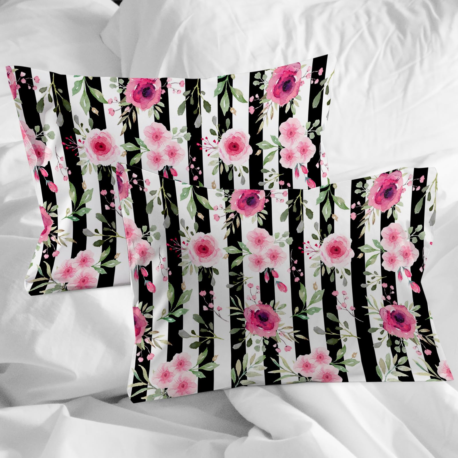 Pink Flowers Illustration Duvet Cover Sets Black and White Stripe Bedding Sets 3 Pcs Comforter Covet Set Including 1 Quilt Cover 2 Pillow Cases, California King Comforter Cover Set with Zipper Closure