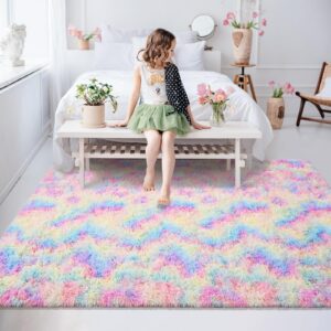 Softlife Area Rug for Bedroom, 4x6 Feet Plush Fluffy Rug for Living Room, Tie-Dyed Rainbow Shag Rug for Aesthetic Room Decor, Ultra Soft Modern Fuzzy Faux Fur Carpet for Kids Nursery Room Dorm