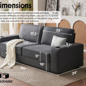 VanAcc Modern Sofa, 89in Couch- Comfy Sofa with Cup Holders & USB Charging Ports, Deep Seat Sofa Couch for Living Room, Charcoal Grey Chenille