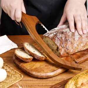 HAOIOKSC Bread Slicer for Homemade Bread, 15.7 In Wooden Sourdough Bread Knife- Ergonomic Design, Premium Stainless Steel Serrated Bread Bow Knife for Precise Cutting Baguettes Bagels