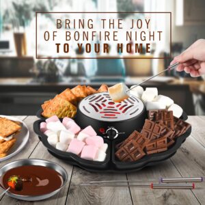 2 In 1 Smores Maker & Fondue Set, Tabletop Indoor Smores Kit, Marshmallow Roaster with Temp Control, 4 Detachable Trays & 4 Roasting Forks and 1 Heated Bowl, Movie Night Supplies & Housewarming Gifts