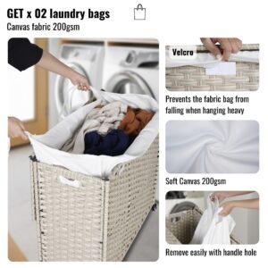 Knocbel Laundry Hamper with Lid and 2 Liners, PE Rattan Frame Clothes Hampers with 2 Removable Bags, Laundry Sorter with Side Handle and 4 Wheels, Gray 160L/42.26Gal