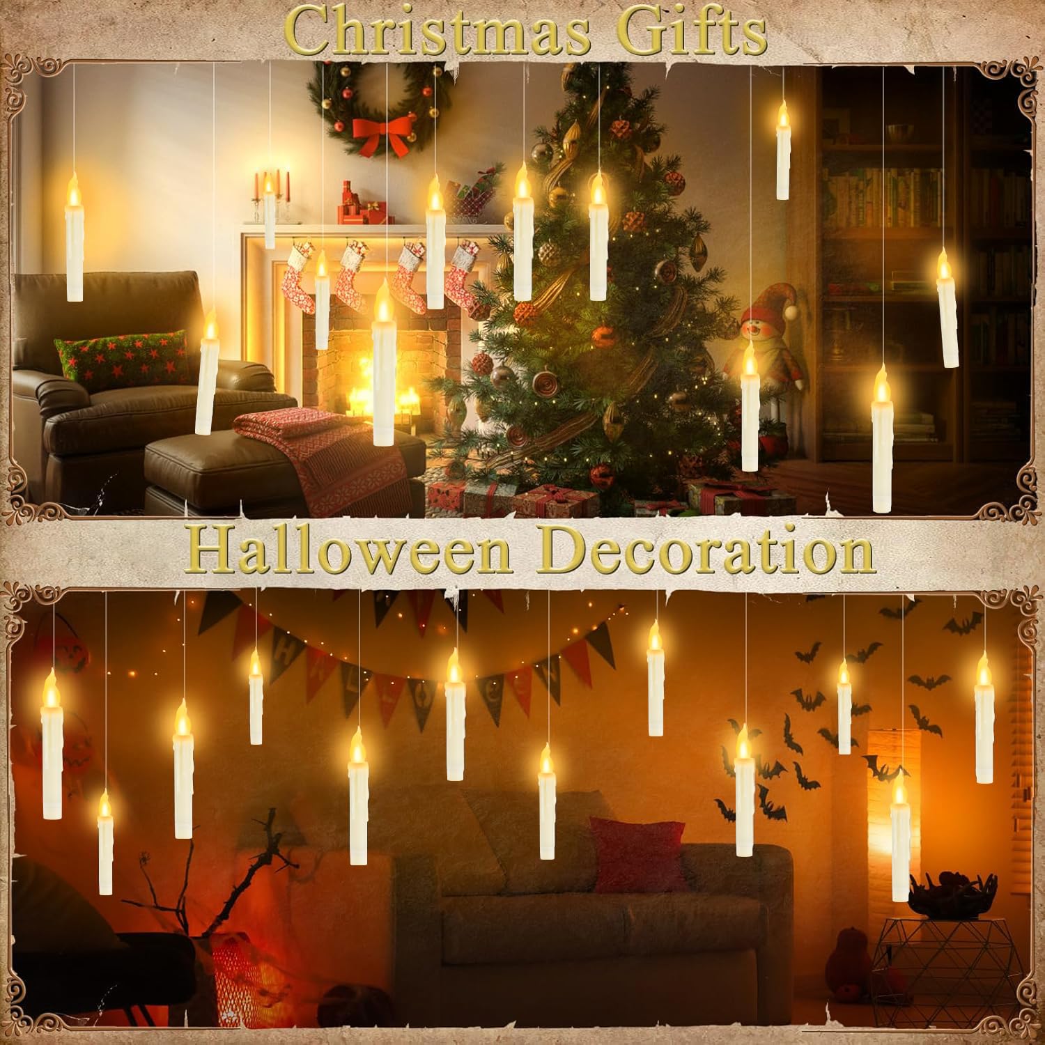 Eseven Halloween Decorations,12 PCs Magical Floating Candles with Wands Remote, Flickering Warm Light Flameless Floating LED Candle for Christmas Birthday Theme Party