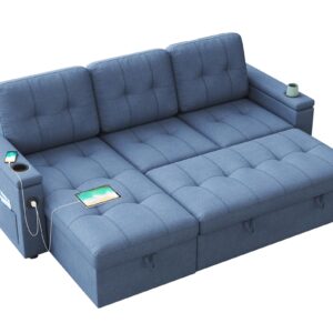 AMERLIFE 84 Inch Pull Out Couch, Tufted Sofa Bed with 2 USB Sockets & Cup Holders, L Shape Sectional Sleeper Sofa Bed with Storage Chaise- Linen Blue