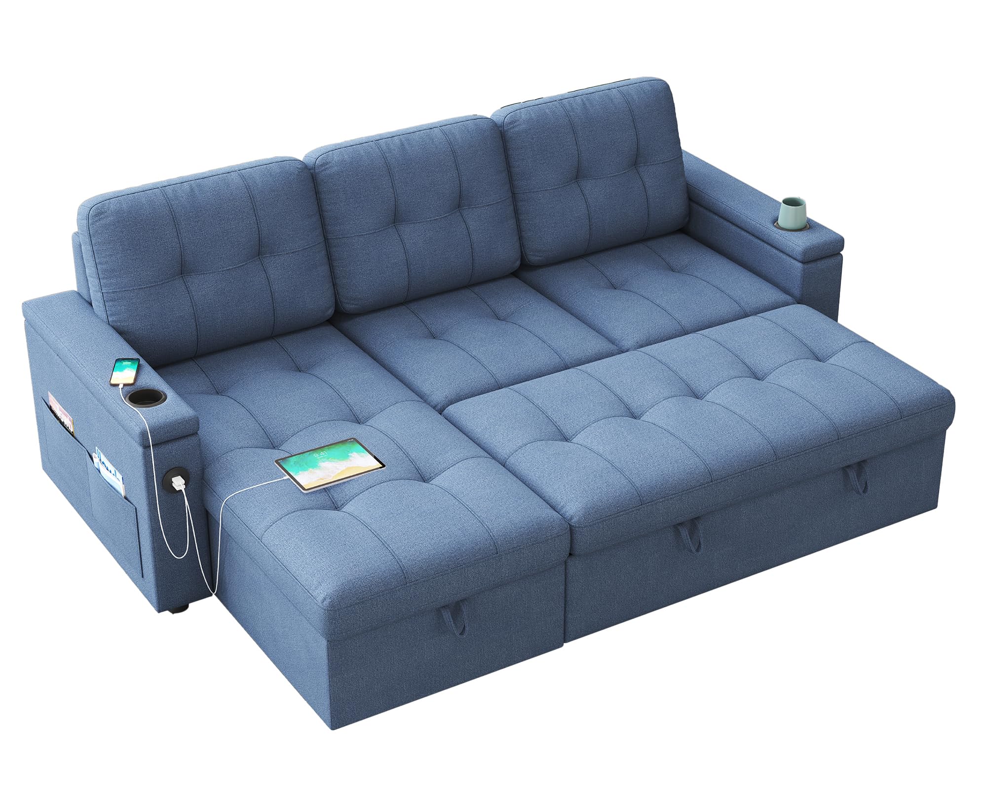 AMERLIFE 84 Inch Pull Out Couch, Tufted Sofa Bed with 2 USB Sockets & Cup Holders, L Shape Sectional Sleeper Sofa Bed with Storage Chaise- Linen Blue