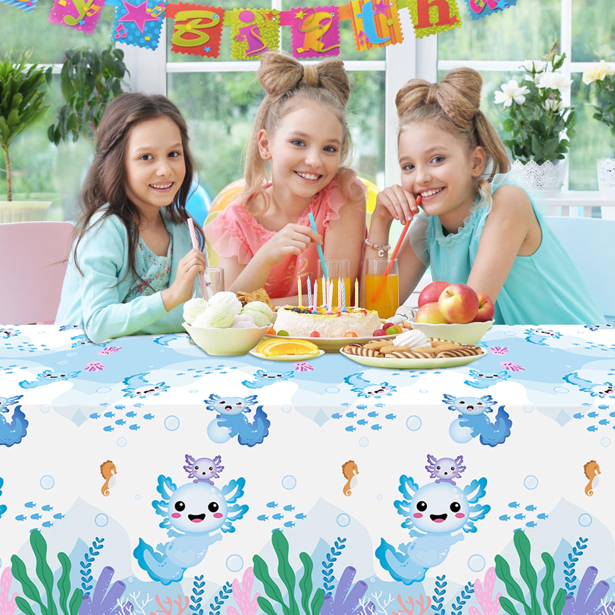 BkeeCten 3 Packs Blue Cartoon Axolotl Party Table Cover, Reptile Animals Waterproof Disposable Tablecover, Plastic Rectangle Tablecloth for Kids Axolotl Birthday Baby Shower Party Supplies, 86x51 inch