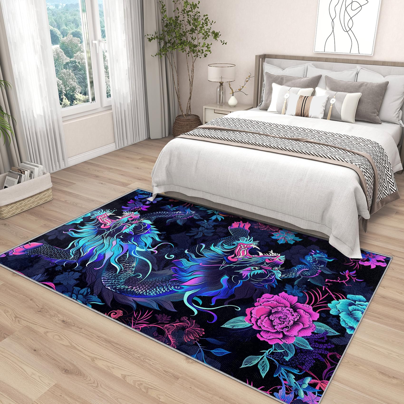 Yoozitrees 5x8 Rug, Japanese Dragon Rug, Chinese Dragon Floral Fantasy Rugs for Living Room Bedroom, Neon Tattoo Carpet, Washable & Non Slip Large Indoor Area Rug, Japanese Dragon Home Decor & Gifts