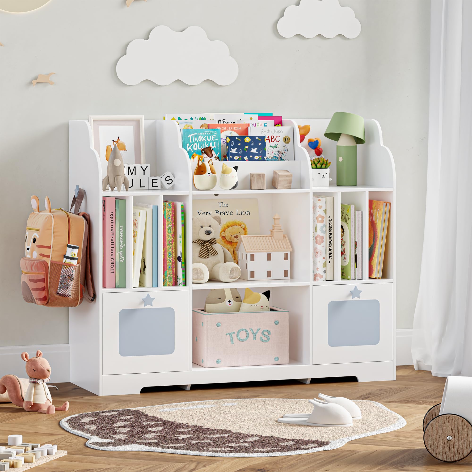 FOTOSOK Toy Storage Organizer, 46'' Toy Shelf, Bookshelf with White and Blue Bookcase & 2 Storage Cubbies Toy Box, Toy Storage Cabinet for Playroom, Bedroom, Classroom, Library