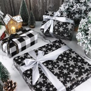 FIEHALA Black Christmas Mini Wrapping Paper Roll - Reversible Holiday Wrapping Paper(17" X 32.8 Feet) - Buffalo Plaid & Snowflakes Patterns