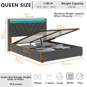 Loomie Queen Lift Up Bed Frame with Charging Station & LED Lights, Upholstered Bed with Modern Wingback Storage Headboard, Hydraulic Storage, No Box Spring Needed, Wood Slats Support, Dark Grey