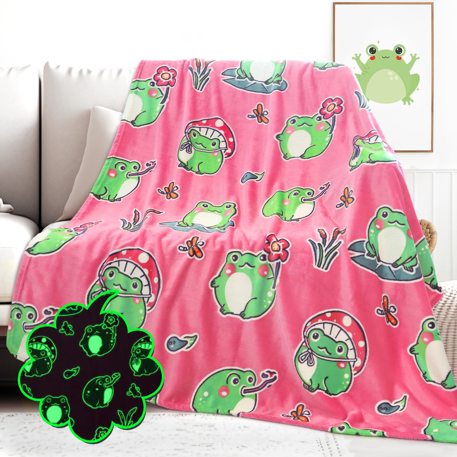 HWING Glow in The Dark Frog Blanket Cute Frog Gifts for Girls Women Frog Stuff Frog Decor for Bedroom Mushroom Frog Throw Blanket