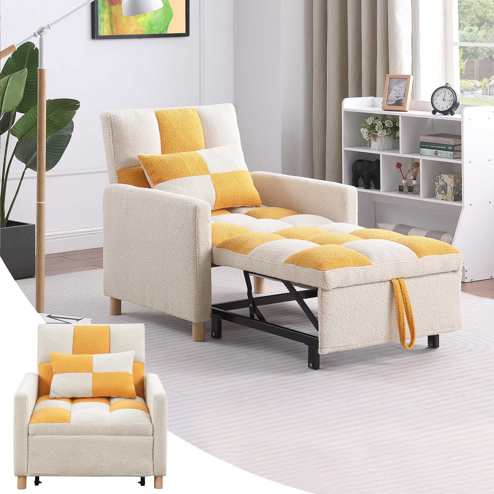 Sleeper Chair Bed - Convertible Single Sofa Chair Bed with Pillow,Pull Out Sleeper Bed with Adjustable Backrest,Multi-Functional Lounge Chair with Teddy Fabric for Apartment,Living Room (Yellow)