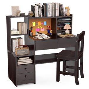 rupolxchildrens computer desk with 4 drawers, kids study table with storage shelf,espresso kids desk and chair set for 5-12 year old-x68w0ojv