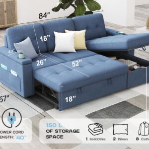 AMERLIFE 84 Inch Pull Out Couch, Tufted Sofa Bed with 2 USB Sockets & Cup Holders, L Shape Sectional Sleeper Sofa Bed with Storage Chaise- Linen Blue