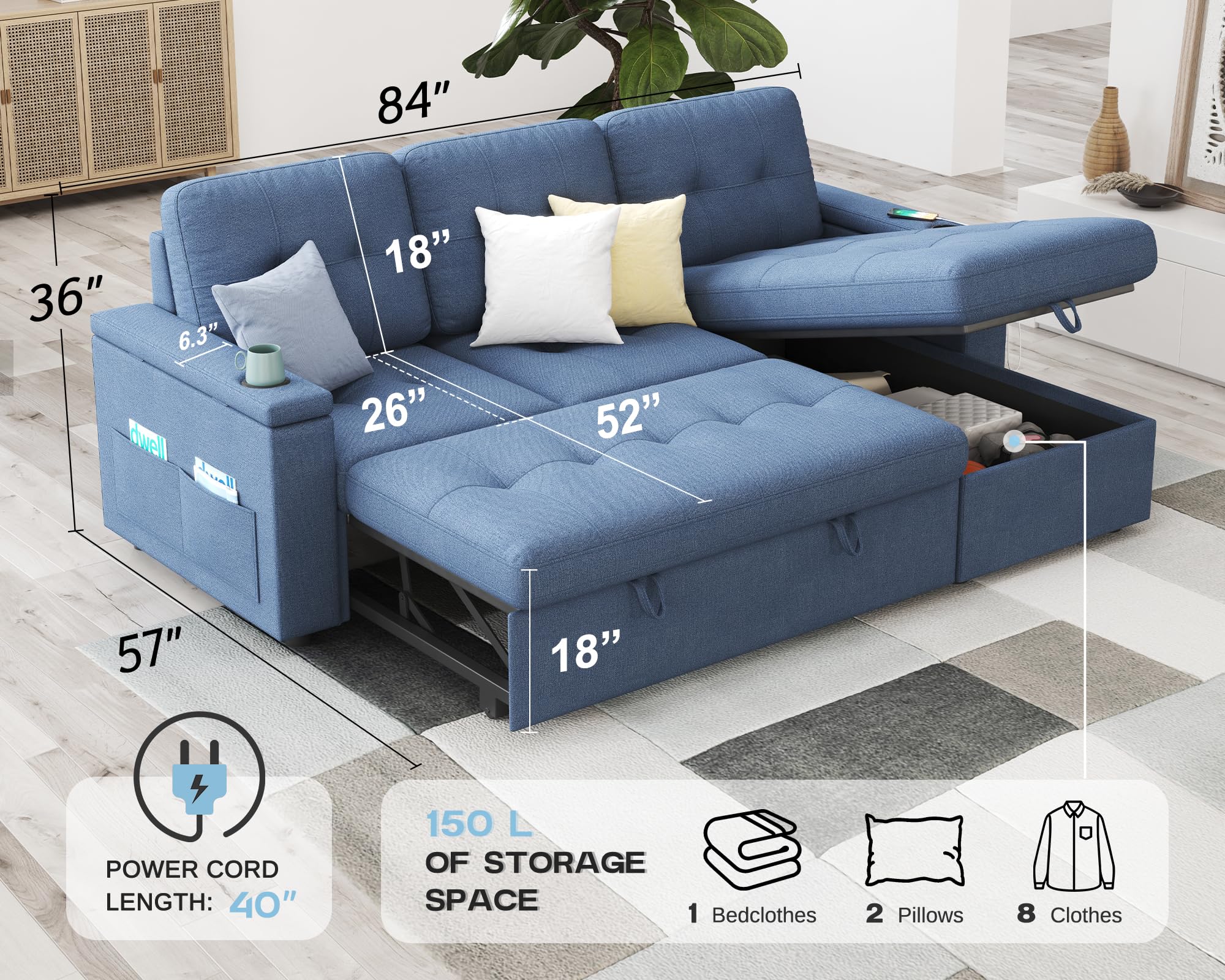 AMERLIFE 84 Inch Pull Out Couch, Tufted Sofa Bed with 2 USB Sockets & Cup Holders, L Shape Sectional Sleeper Sofa Bed with Storage Chaise- Linen Blue