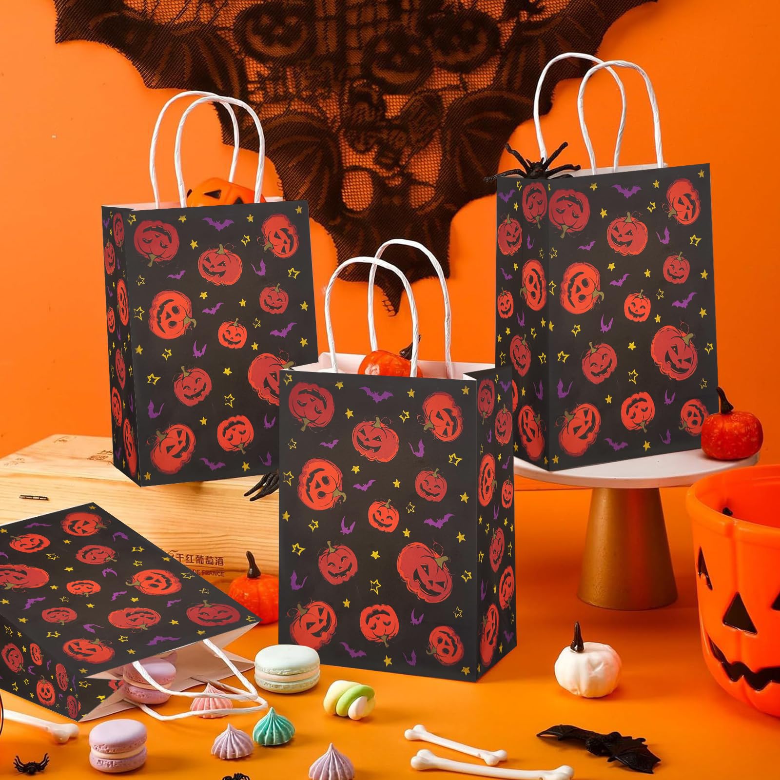 MEHOFOND 16 Pcs Halloween Paper Gifts Bags with Handles, Pumpkin Bat Halloween Treat Bags, Black Trick or Treat Candy Bags for Kids, Goodie Present Bags for Holiday, Halloween Party Supplies